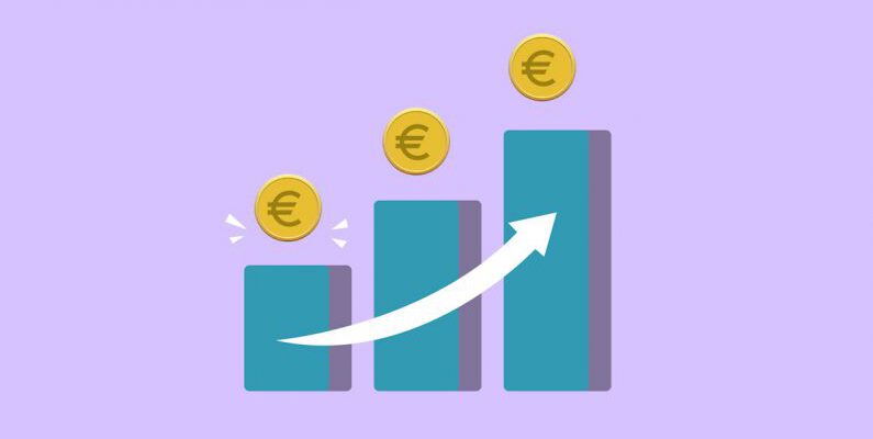 Saving Strategies - Vector illustration of income growth chart with arrow and euro coins against purple background